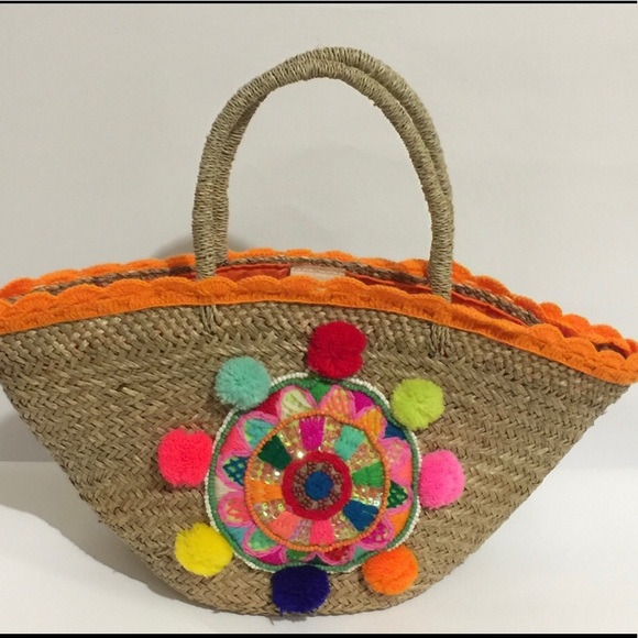 Colorful Pom Pom Woven Straw Bag - Picture 3 of 3